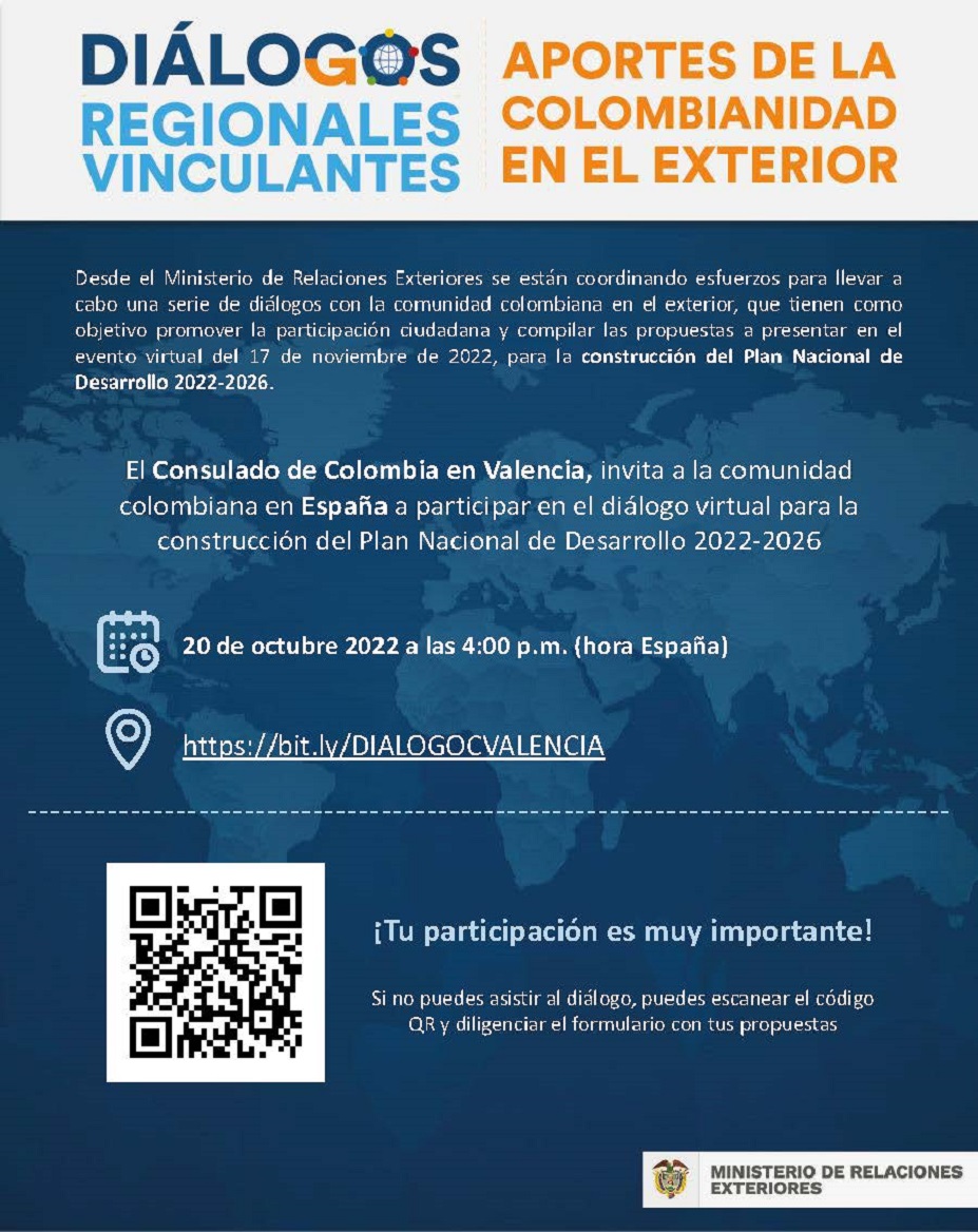 El Consulado de Colombia en Valencia, España, invita a participar en los Diálogos Regionales Vinculantes