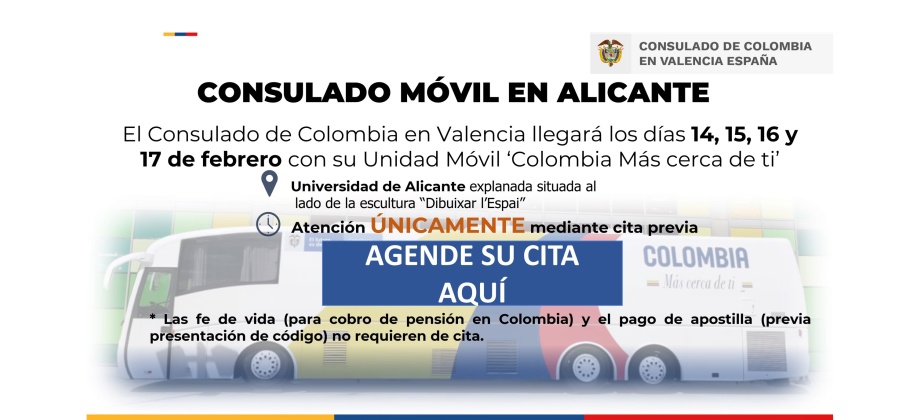 El Consulado de Colombia en Valencia llegará con su Unidad Móvil ‘Colombia Más cerca de ti’ a Alicante, los días 14, 15, 16 y 17 de febrero de 2023