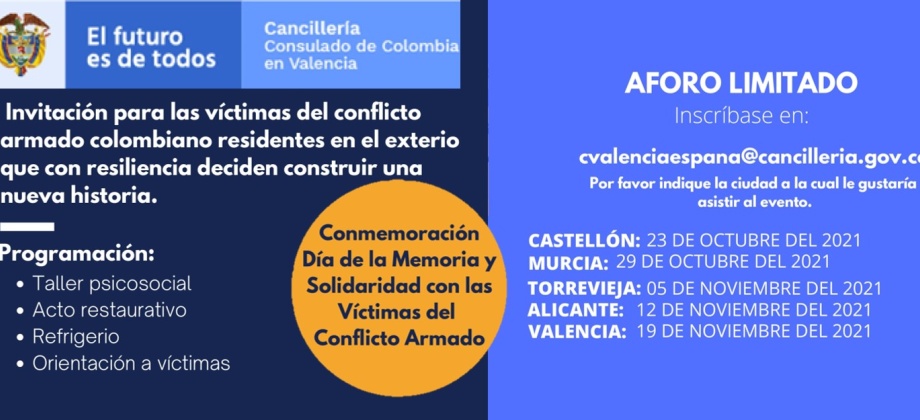 El Consulado de Colombia en Valencia invita a la conmemoración del Día de la Memoria y Solidaridad con las Víctimas del Conflicto Armado