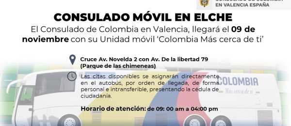 El Consulado de Colombia en Valencia llegará este 9 de noviembre con su Unidad móvil ‘Colombia Más cerca de ti’ a Elche