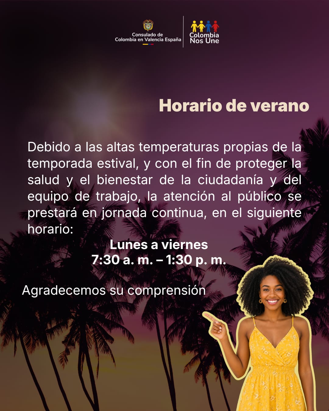 Consulado de Colombia en Valencia atenderá en horario de verano 07.30 a 13.30 (1.30 PM)