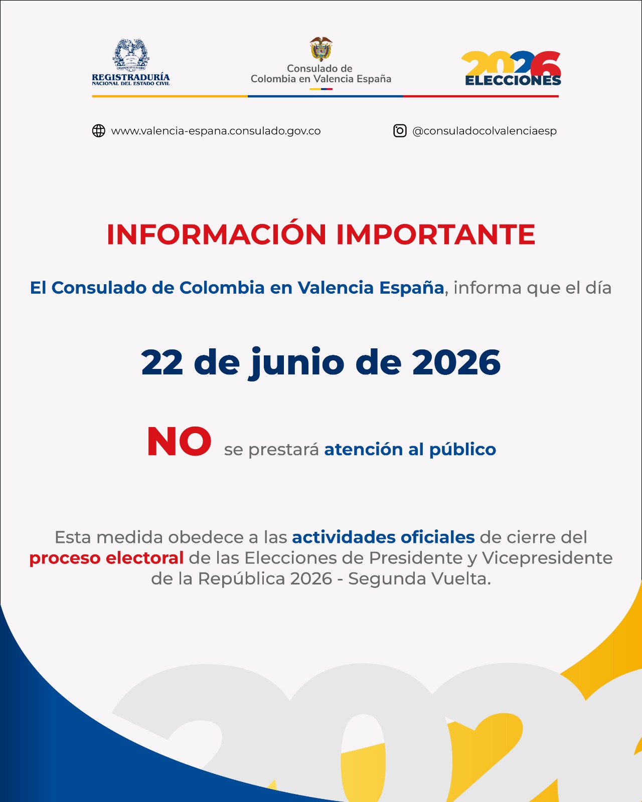  El Consulado de Colombia en Valencia NO prestará atención al público el 22 de junio de 2026
