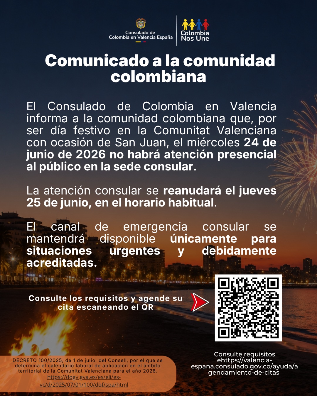 El Consulado en Valencia NO prestará atención al publico el miércoles 24 de junio de 2026
