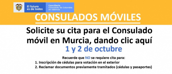 Solicite su cita para el Consulado móvil en Murcia, del 1 y 2 de octubre de 2021, haciendo clic aquí
