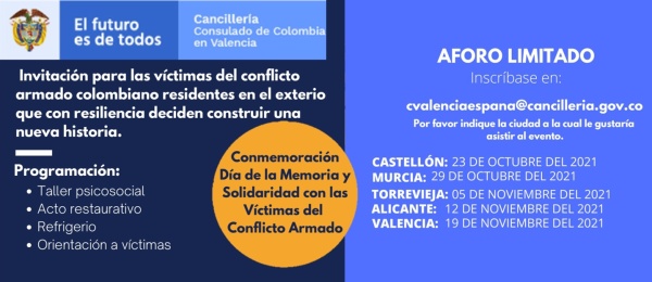 El Consulado de Colombia en Valencia invita a la conmemoración del Día de la Memoria y Solidaridad con las Víctimas del Conflicto Armado