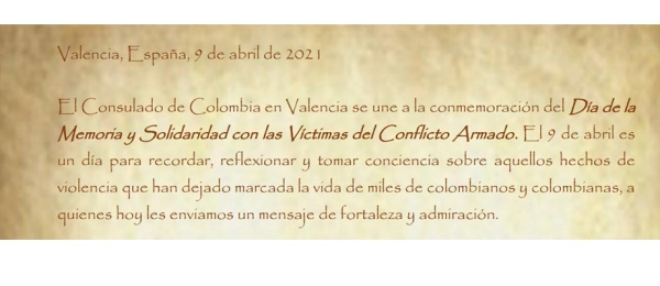 Consulado de Colombia en Valencia se une a la conmemoración del Día de la Memoria y Solidaridad con las Víctimas del Conflicto